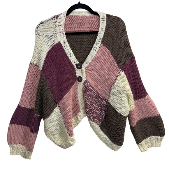 Handmade M/L Oversized Cardigan Pink Knit Cozy Boho Patchwork Artsy Grandma Y2K - Picture 4 of 9